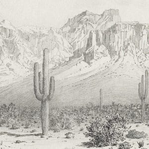 Puede incluir: Un dibujo a l&aacute;piz en blanco y negro de un paisaje des&eacute;rtico con altos cactus en primer plano y una cordillera en el fondo.