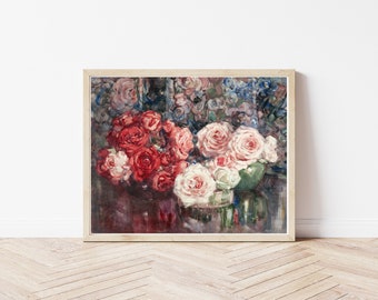 May include: A painting of a bouquet of red and pink roses in a vase. The roses are arranged in a loose, natural style, and the vase is a simple, clear glass.