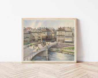 Vienna Austria & Danube River View 1917 Watercolor Painting | Fine Art Print