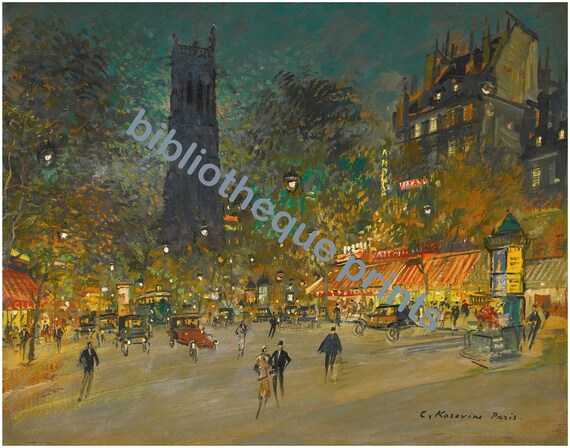 パリ、フランス、サン・ジャック塔の夜景、1900年頃の印象派絵画