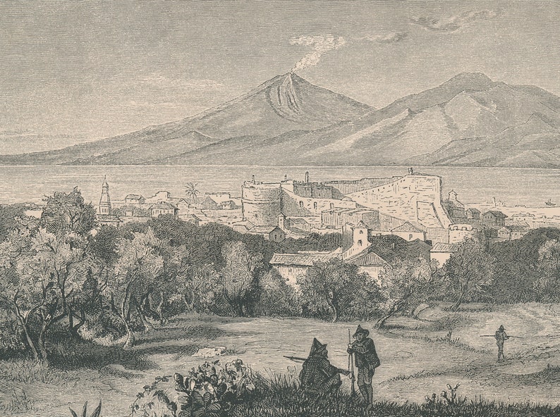 Pode incluir: Uma gravura em preto e branco que retrata uma vista de uma cidade com um vulc&atilde;o ao fundo. A cidade &eacute; cercada por &aacute;rvores e h&aacute; duas figuras em primeiro plano.