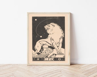 Leo Zodiac Astrologie Teken Circa 1920 Art Deco Lithografie Print | Fijne kunstafdruk