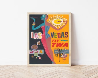 May include: Vintage travel poster advertising a trip to Las Vegas with TWA airlines. The poster features a woman in a colorful dress and a sun with sunglasses. The text reads "Las Vegas Fly TWA".