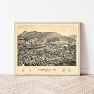 Puede incluir: Un mapa vintage en blanco y negro de Williamstown, Massachusetts, que muestra el diseño de la ciudad y el paisaje circundante. El mapa está enmarcado en un marco de madera claro.
