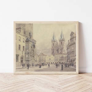 May include: A vintage sepia-toned photograph of a bustling city square in Prague, Czech Republic. The image features the iconic Old Town Square with the Church of Our Lady Before Týn and the Astronomical Clock in the background. People are walking through the square, creating a sense of movement and life.