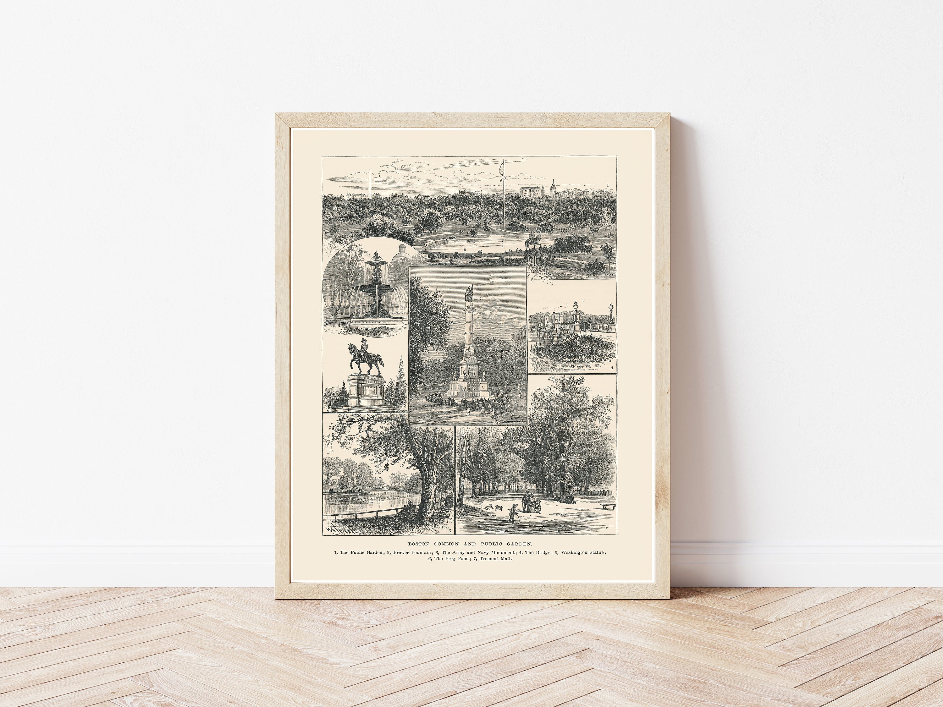 Boston Common, Boston Massachusetts 1885 Engraving Illustration | Fine Art Print