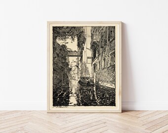 May include: Black and white illustration of a narrow canal in Venice, Italy. The canal is lined with buildings and a gondola is in the water.