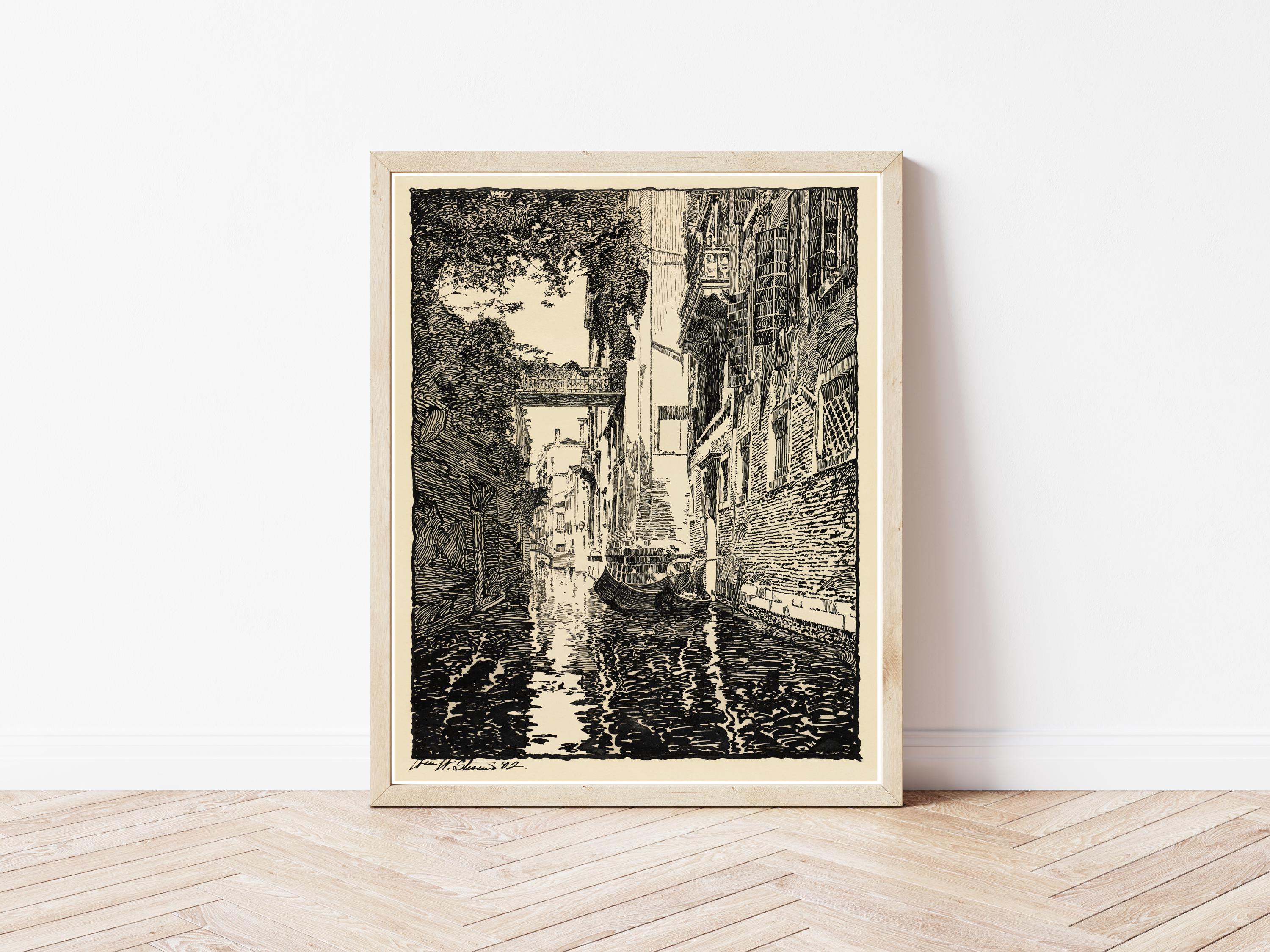 希少品 ベネツィア スケッチ ヴェネツィア イタリア 運河の眺め 1902 インク画 | ファインアート