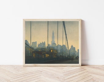 Puente de Brooklyn y vista del horizonte de la ciudad de Nueva York, 1927, litografía/impresión artística