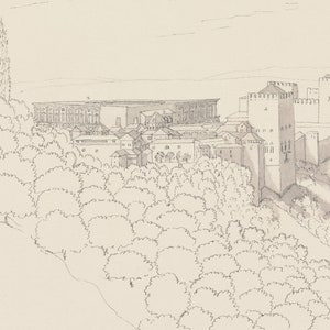 May include: A black and white pencil drawing of a castle with a tall tower and a wall surrounding it. The castle is surrounded by trees and a hill.