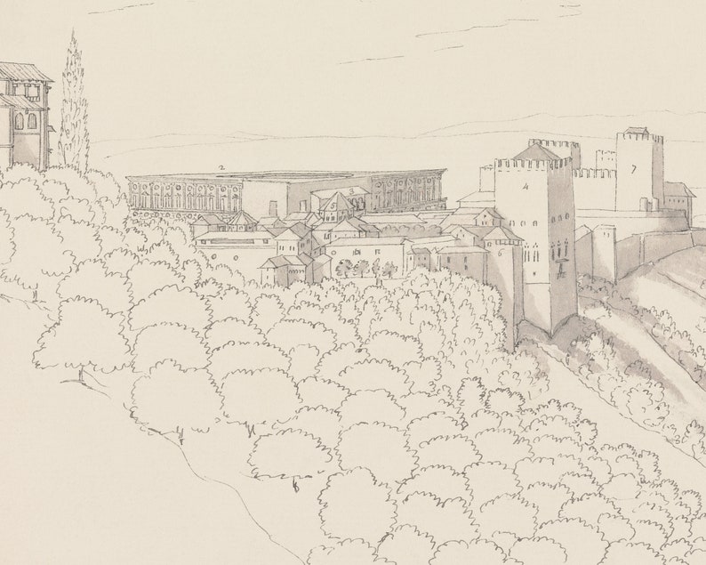 May include: A black and white pencil drawing of a castle with a tall tower and a wall surrounding it. The castle is surrounded by trees and a hill.