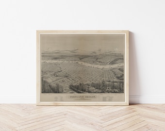 Mapa de Portland, Oregón, 1880, vista aérea / Impresión artística