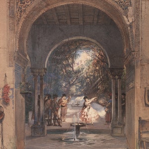 May include: A watercolor painting depicting a courtyard scene with a fountain in the center. The courtyard is surrounded by a stone archway and columns. There are people in the courtyard, some playing music and others dancing. The painting is set in a lush garden with trees and flowers.