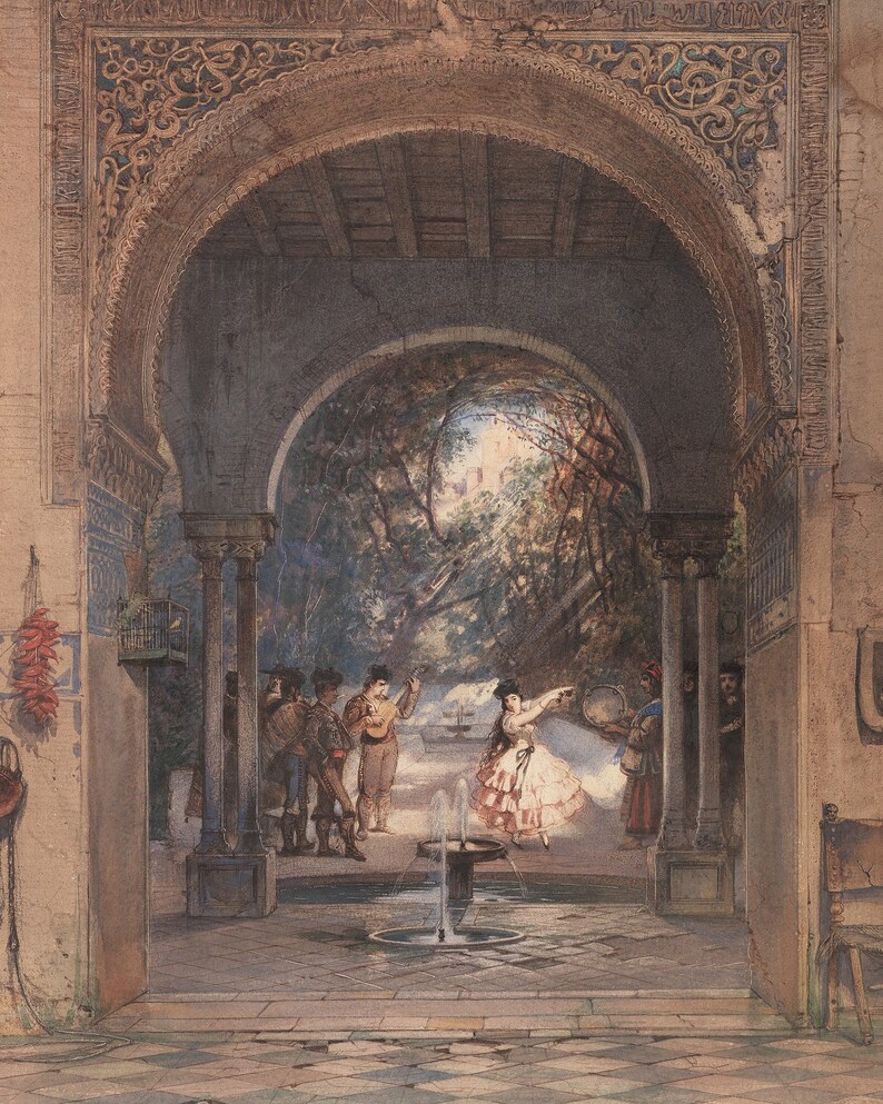 May include: A watercolor painting depicting a courtyard scene with a fountain in the center. The courtyard is surrounded by a stone archway and columns. There are people in the courtyard, some playing music and others dancing. The painting is set in a lush garden with trees and flowers.