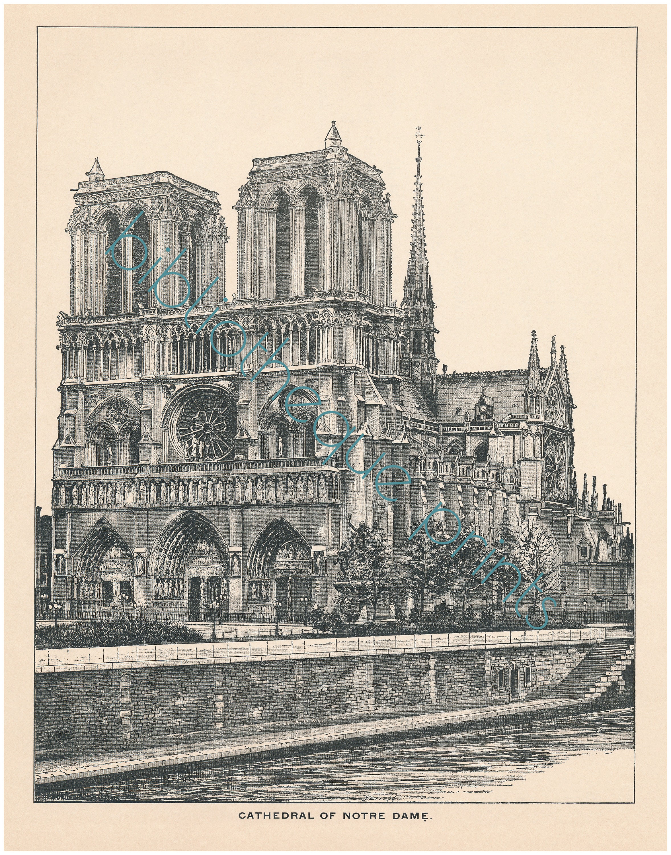Notre Dame Cathedral Paris France 1892 Engraving Illustration