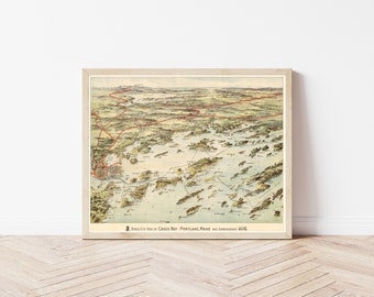 May include: A vintage birds-eye view map of Casco Bay, Portland, Maine and surrounding areas. The map is printed in shades of brown, green, and blue, with red lines indicating roads and waterways. The map is framed in a light wood frame.