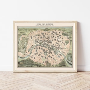 Mapa de edificios, monumentos y lugares emblemáticos de París, Francia, 1878 / Impresión artística