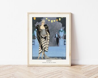 Puede incluir: Lámina artística vintage enmarcada que presenta a una mujer con un elegante vestido en blanco y negro con una capa a juego. La obra de arte incluye el texto "ADIEU!" y representa una escena formal al aire libre con un hombre en esmoquin.