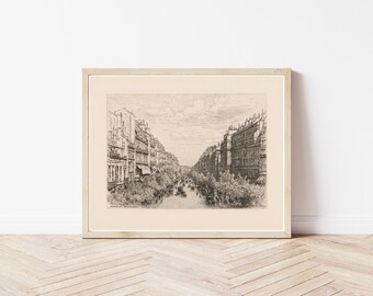 May include: A black and white print of a Parisian street scene. The print shows a street lined with buildings and trees. The street is filled with people and carriages.