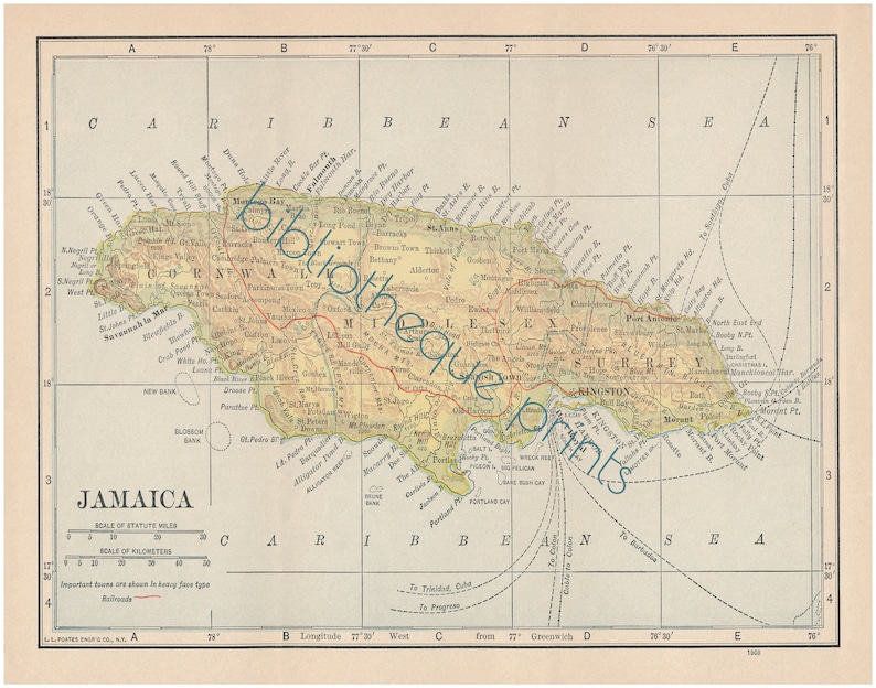 Jamaica 1908 Map Fine Art Print