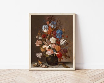 May include: A still life painting of a vase filled with a variety of colorful flowers, including red, pink, white, blue, and yellow. The vase is brown and has a textured surface. There are two seashells and a lizard on the table below the vase.