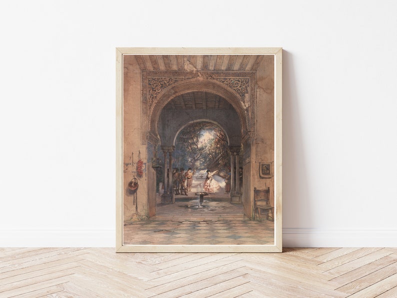 May include: A watercolor painting depicting a courtyard scene with an arched doorway, a fountain, and figures in traditional clothing. The courtyard is surrounded by stone walls with intricate carvings. The painting is framed in a light wood frame.