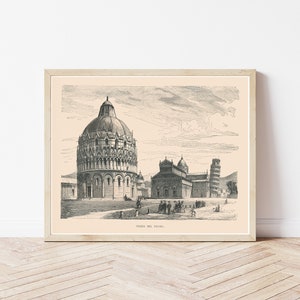 Pisa Italy Piazza del Duomo & Leaning Tower 1877 Engraving Illustration | Fine Art Print