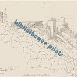 May include: A black and white line drawing of the Alhambra Palace in Granada, Spain. The drawing shows the palace from a distance, with the surrounding hills and trees in the foreground. The text "The Alhambra from the Fort of Salona" is at the bottom of the drawing.