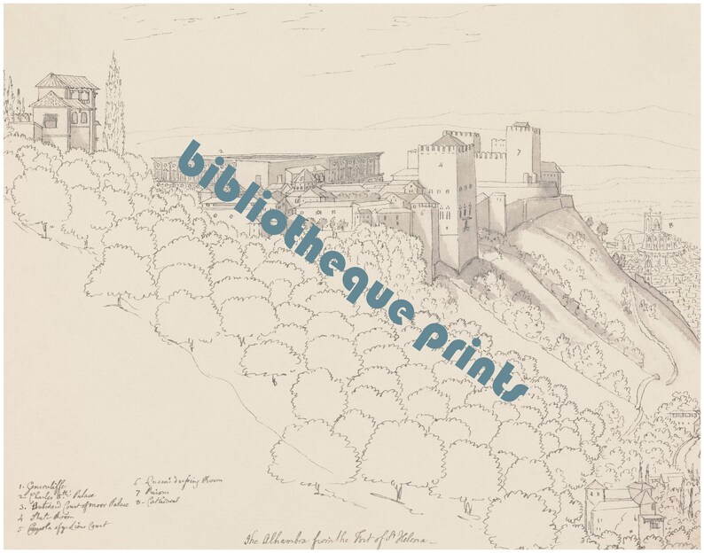 May include: A black and white line drawing of the Alhambra Palace in Granada, Spain. The drawing shows the palace from a distance, with the surrounding hills and trees in the foreground. The text "The Alhambra from the Fort of Salona" is at the bottom of the drawing.