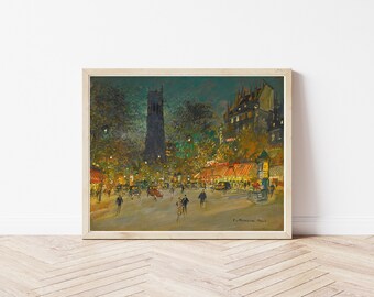 Paris France Saint-Jacques Tower Night Scene Circa 1900 Impressionist Painting | Fine Art Print