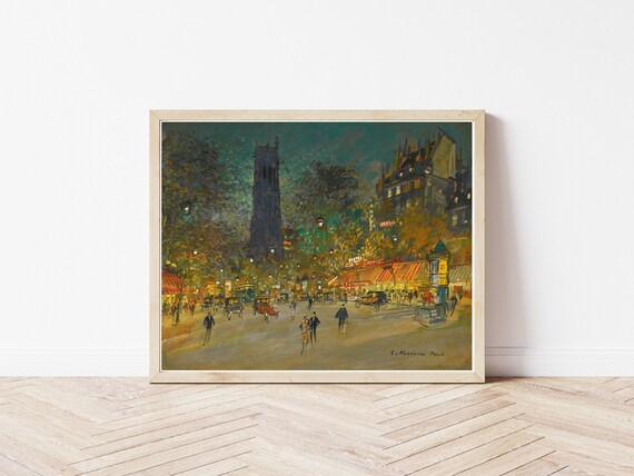 パリ、フランス、サン・ジャック塔の夜景、1900年頃の印象派絵画