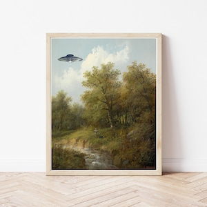 UFO Over Vintage Landscape Art Print: Altered Oil Painting