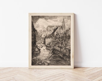 Chartres France & Chartres Cathedral View 1922 Etching | Fine Art Print