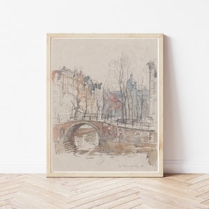 Amsterdam Nederland stadsgezicht 1894 aquarel en potloodtekening | Kunstafdruk