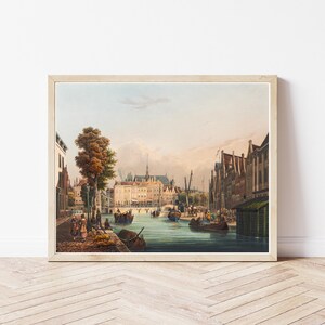 Leiden Netherlands Cityscape Canal & Street View Circa 1825 Lithograph Illustration | Fine Art Print
