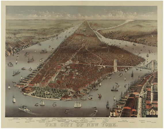 New York City Manhattan 1883 Bird's Eye View Map | Fine Art Print