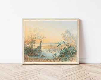 Flamingos in Tropical Landscape 1882 Watercolor Painting | Fine Art Print