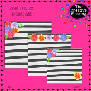 Striped Watercolor Floral Digital Paper
