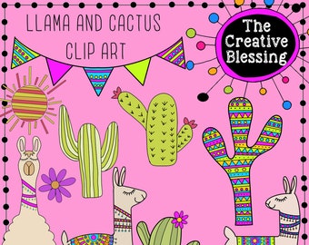 May include: A set of colorful clip art images featuring llamas and cacti. The llamas are white with colorful patterns and saddles. The cacti are green with colorful geometric patterns. The images are set against a pink background with a banner that reads "Llama and Cactus Clip Art".