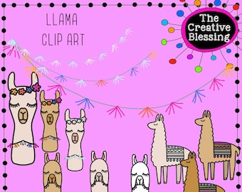 May include: A set of llama clip art images. The llamas are in various poses, including standing, sitting, and lying down. Some llamas are wearing flowers and have tassels. The llamas are on a pink background with a string of colorful flags.