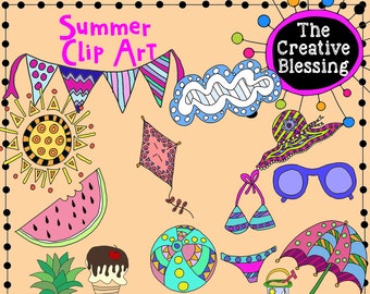 Imágenes prediseñadas de tema de verano dibujadas a mano, imágenes PNG, sandía, gafas de sol, paraguas, clipart de playa, pegatinas digitales