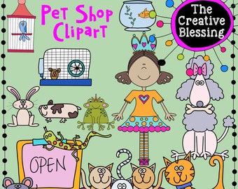 May include: A colorful cartoon illustration of a pet shop with a variety of animals, including a rabbit, a guinea pig, a frog, a lizard, a cat, a dog, a bird, and a fish. The illustration also includes a sign that says "Open" and a sign that says "The Creative Blessing".