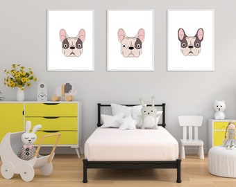 Wydrukowana dekoracja ścienna z buldogiem francuskim, urocze dekoracje do pokoju dziecięcego, sztuka z buldogiem francuskim