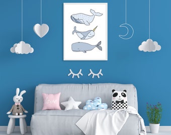 Printable Blue Whales Wall Decor, aesthetic room decor, whale art , aesthetic wall art, nautical baby room, nautical nursery, cute whales