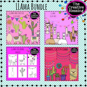 Lama, cactus clip art en kleurende pagina's bundel