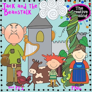 Bajka o Jasiu i magicznej fasoli, ręcznie rysowane, cyfrowe naklejki
