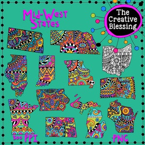 May include: A set of colorful, patterned state outlines of the Mid-West states. The states are outlined in black and filled with a variety of bright colors and patterns. The text "Mid-West States" is at the top of the image. The text "The Creative Blessing" is in a circle at the top right of the image.