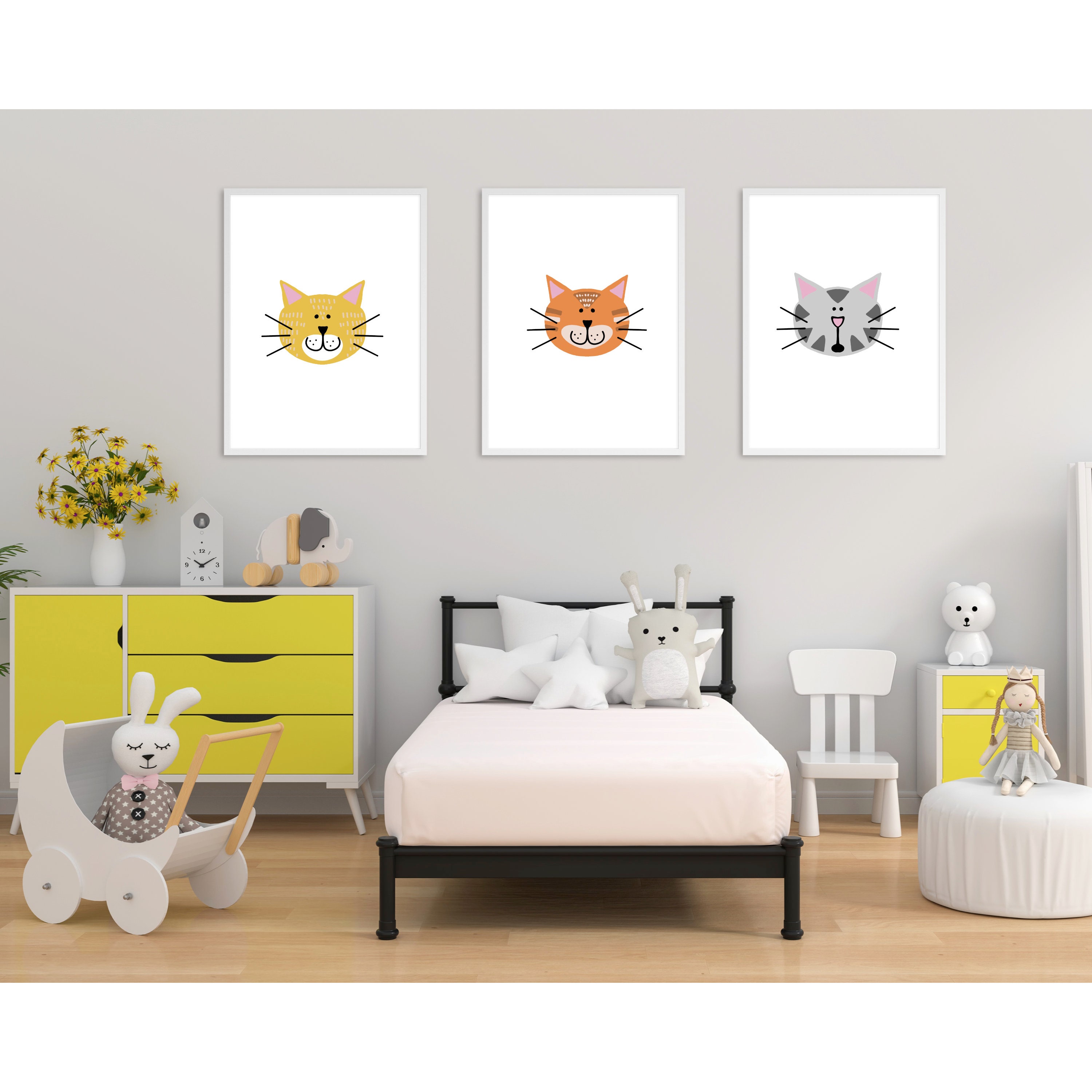 Cat Wall Art, Cute Nursery Download, Aesthetic Room Decor, 3 Piece Wall