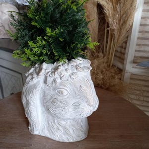 Peut inclure: Pot en céramique blanche en forme de tête de lapin avec une plante verte feuillue à l'intérieur. Le pot est orné d'un motif floral autour du haut.