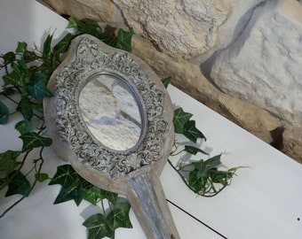 miroir à main en bois  décoration sculptée patiné à l'ancienne